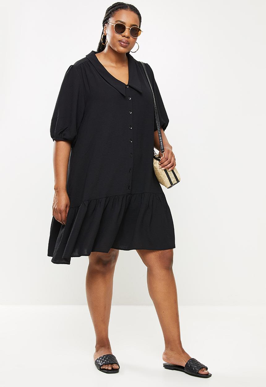 Me&B - Plus dropped waist shirt dress with drop collar - black
