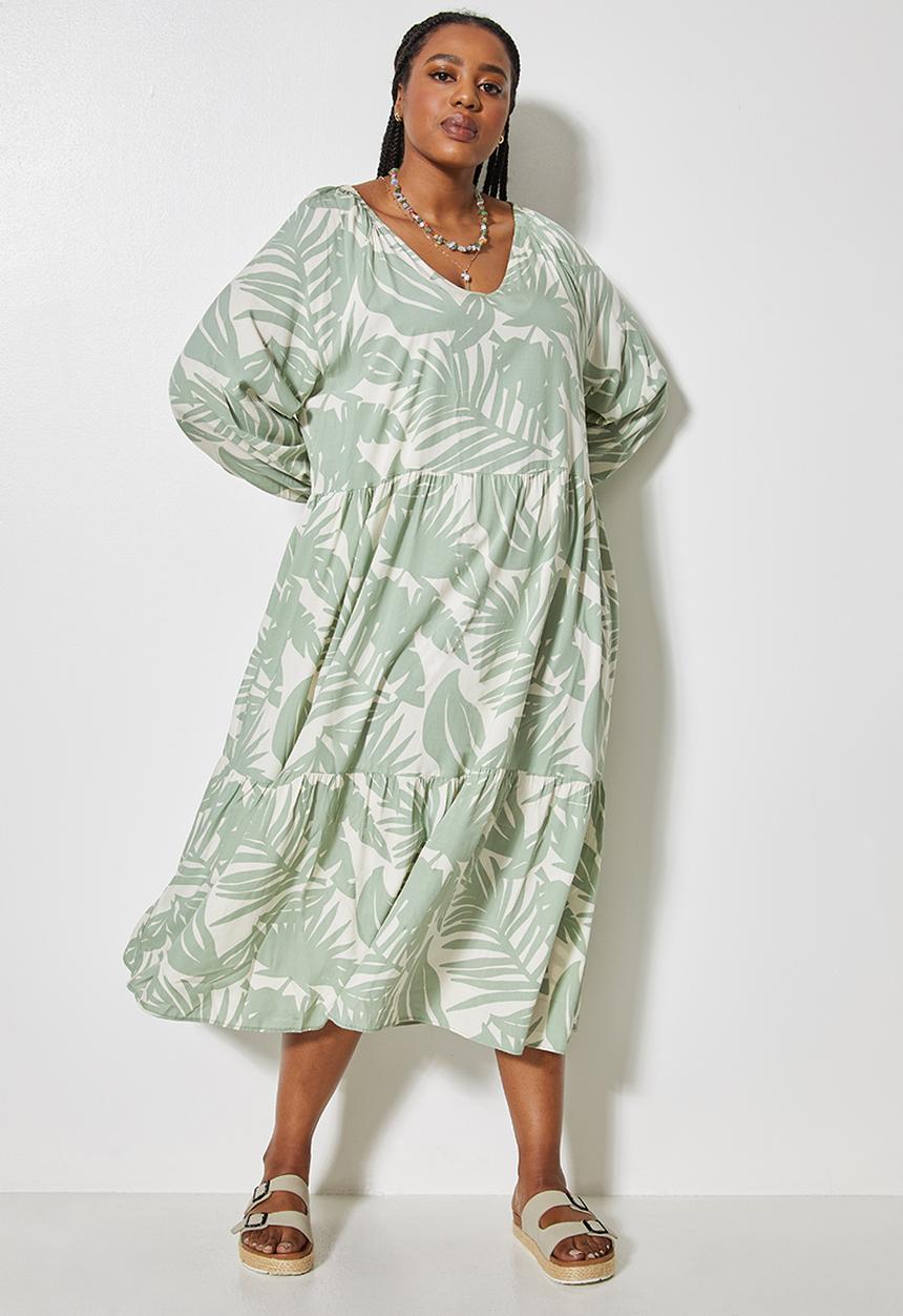 Superbalist - V-neck tiered dress - sage print