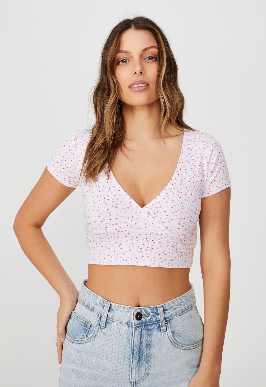 Cotton On - Toni wrap front top - penny ditsy pink cherry blossom