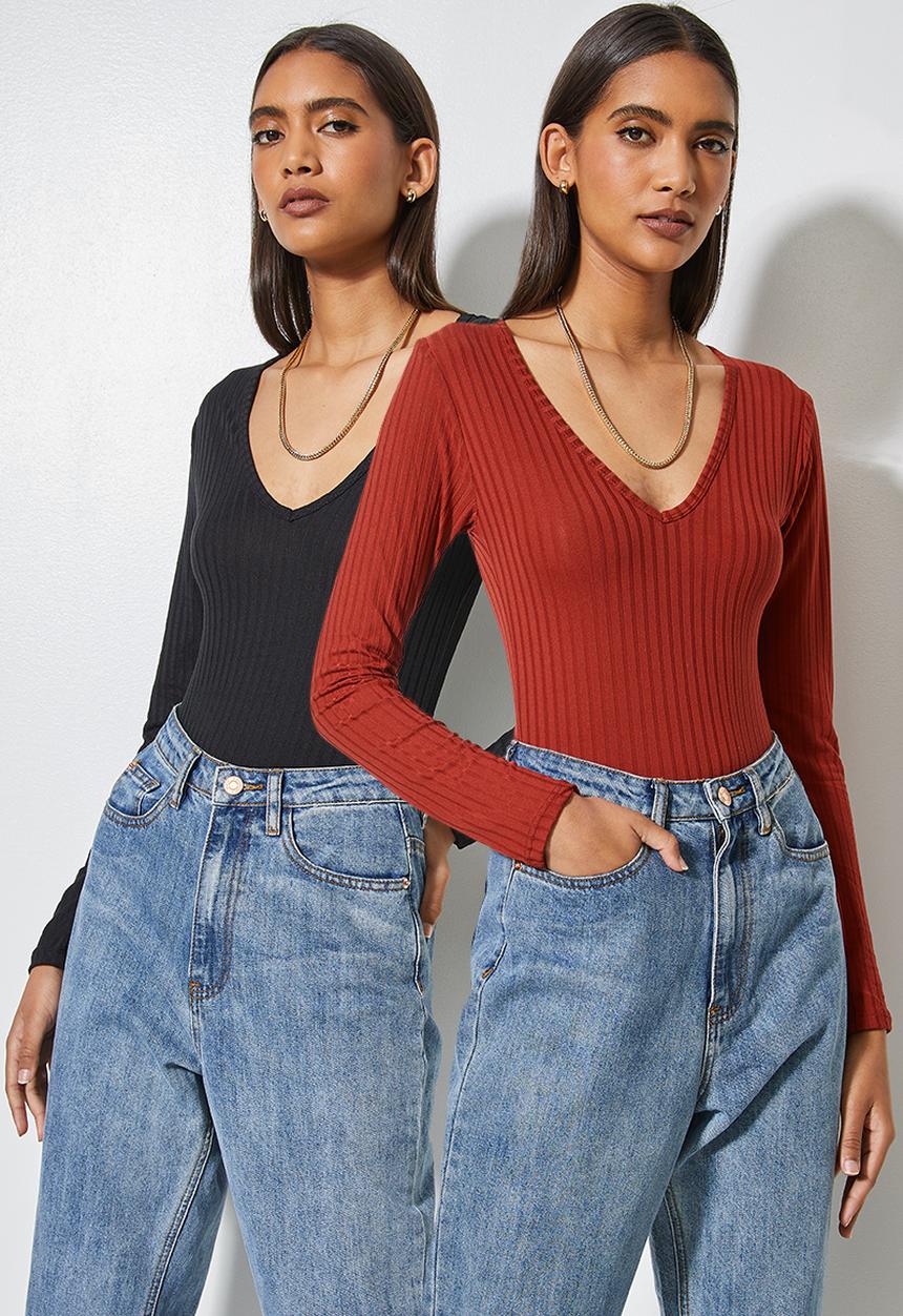 Superbalist - 2-pack wide rib v-neck bodysuit - rust & black