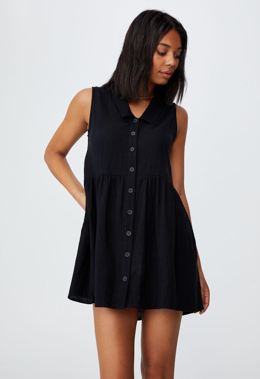 Cotton On - Woven zoe sleeveless smock mini dress - black