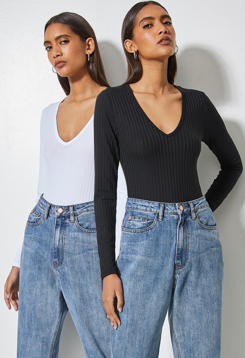 Superbalist - 2-pack wide rib v-neck bodysuit - black & white