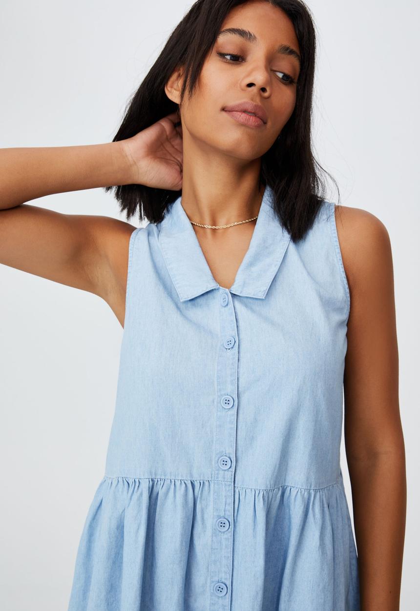 Cotton On - Woven zoe sleeveless smock mini dress - light chambray blue
