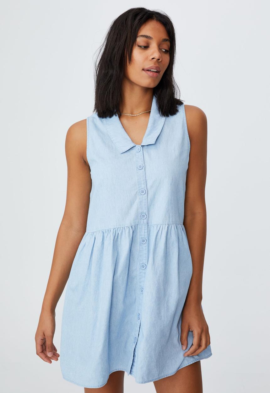 Cotton On - Woven zoe sleeveless smock mini dress - light chambray blue