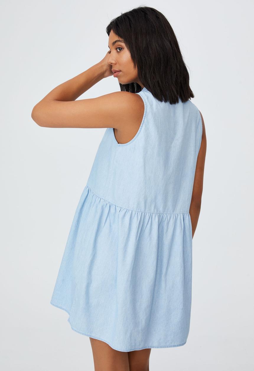 Cotton On - Woven zoe sleeveless smock mini dress - light chambray blue