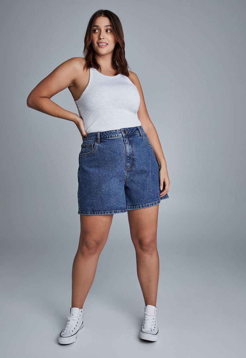 Cotton On - Curve dad high rise denim short - coogee blue