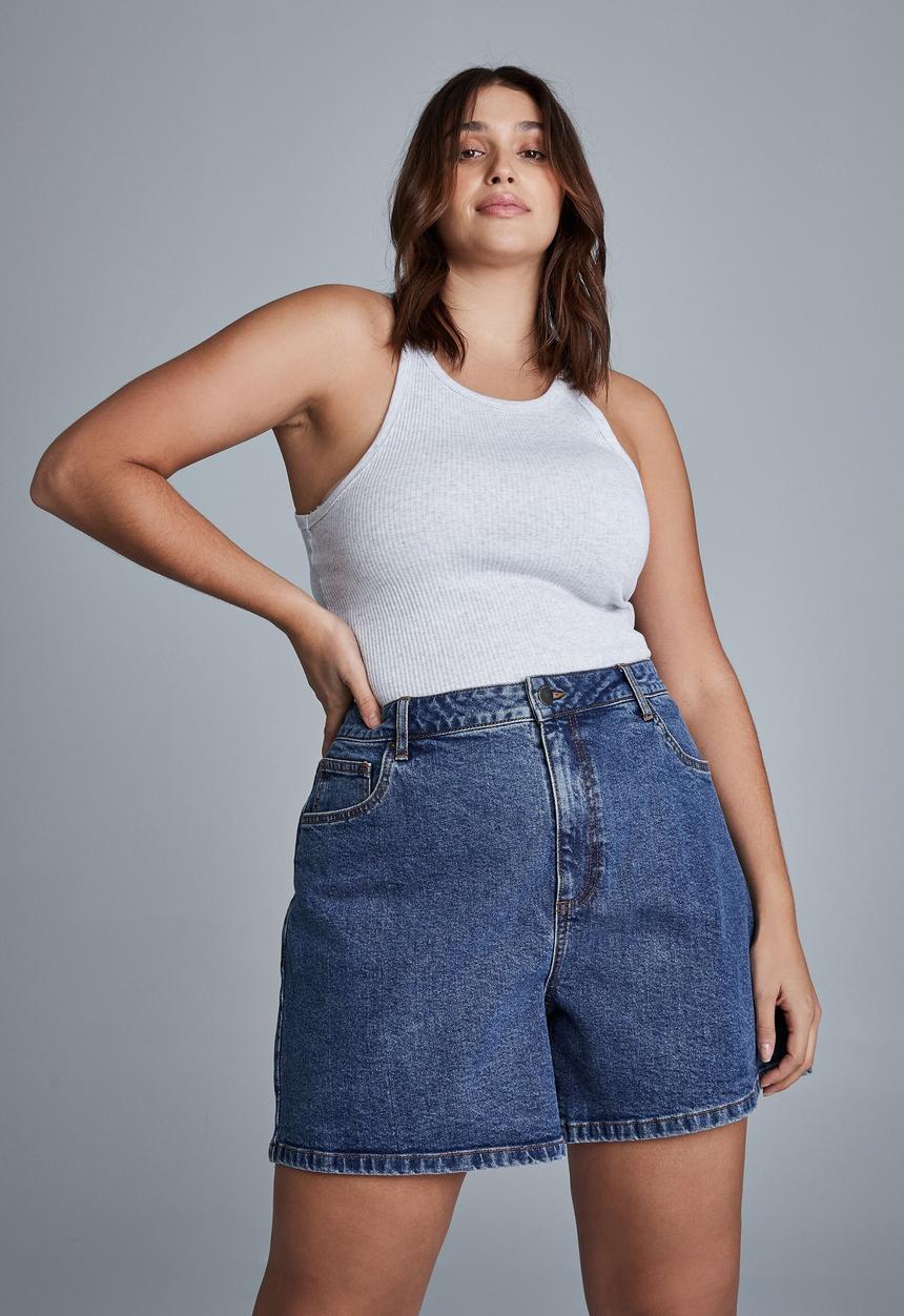 Cotton On - Curve dad high rise denim short - coogee blue