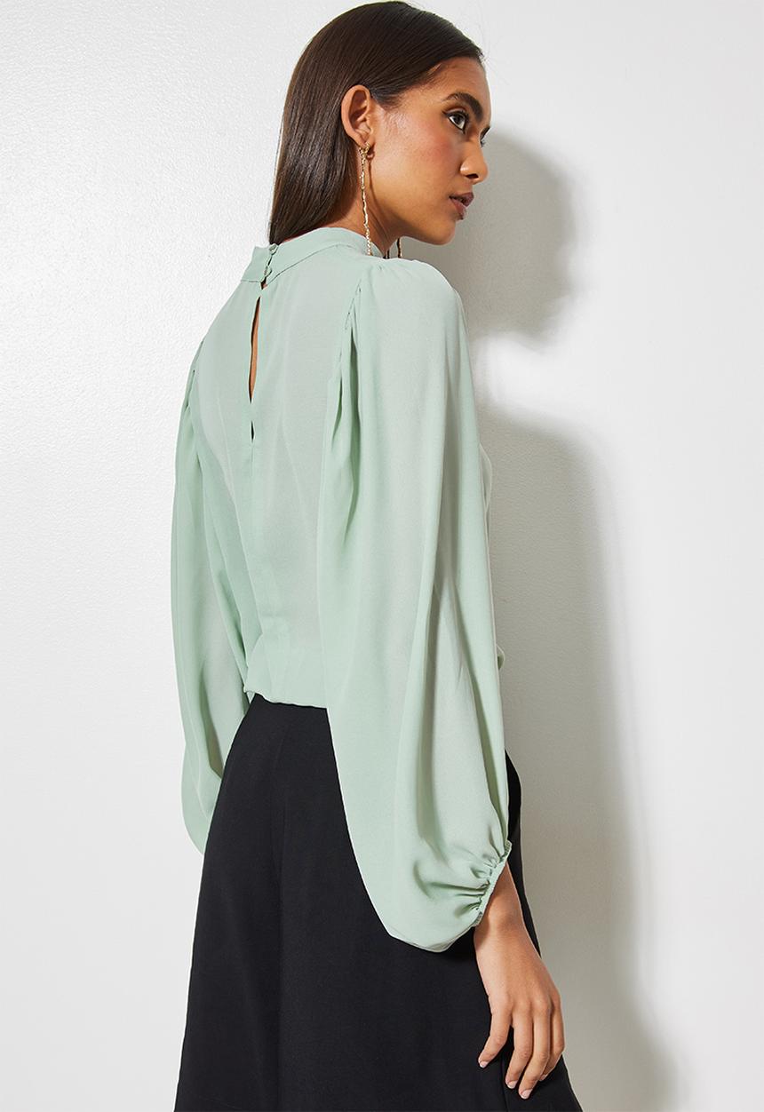 VELVET - Turtleneck woven blouse with draped sleeve - mint