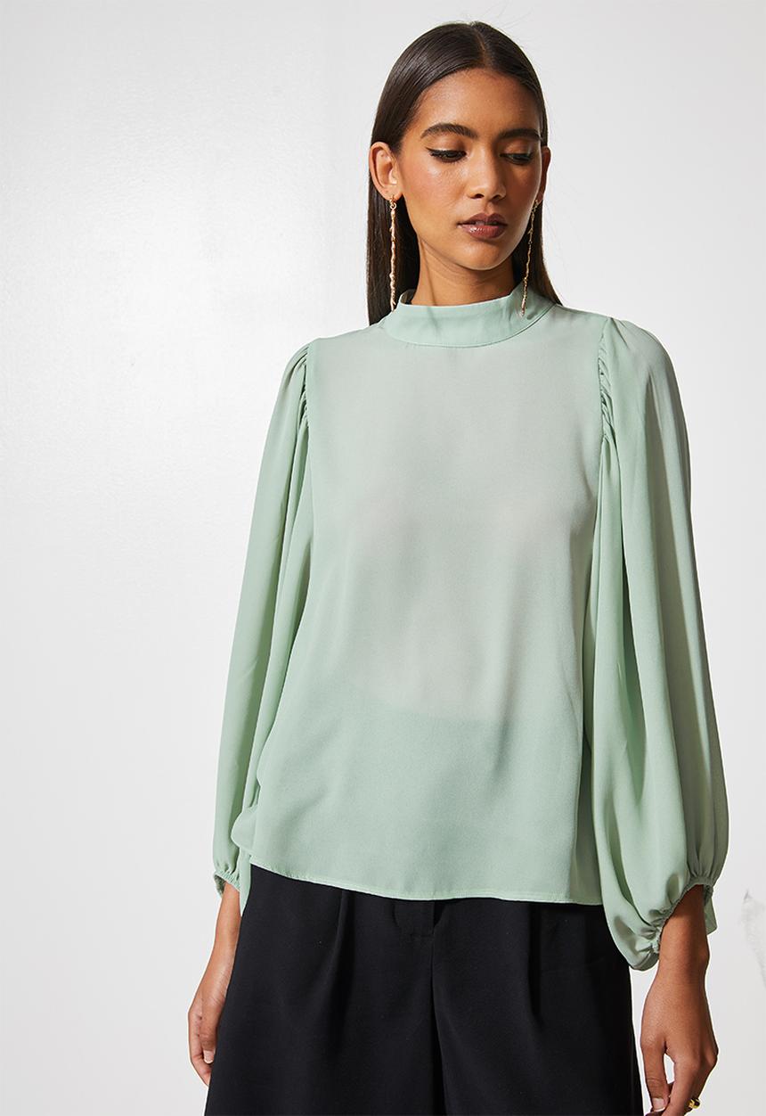 VELVET - Turtleneck woven blouse with draped sleeve - mint