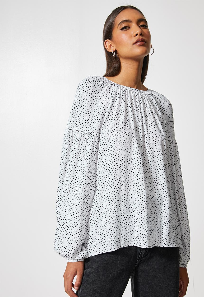 VELVET - Volume blouse with open back - black & white 