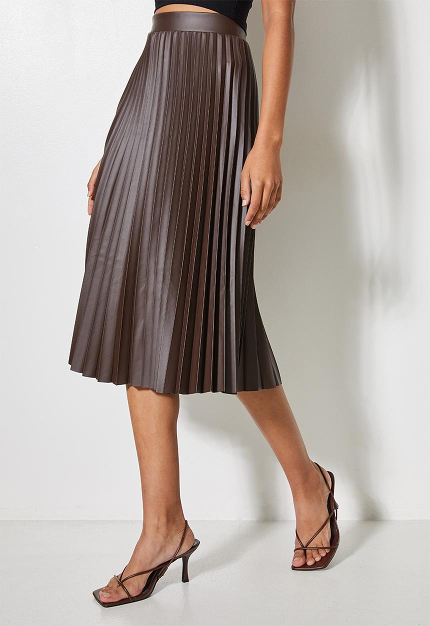 VELVET - Pu pleated a-line midi skirt - brown 