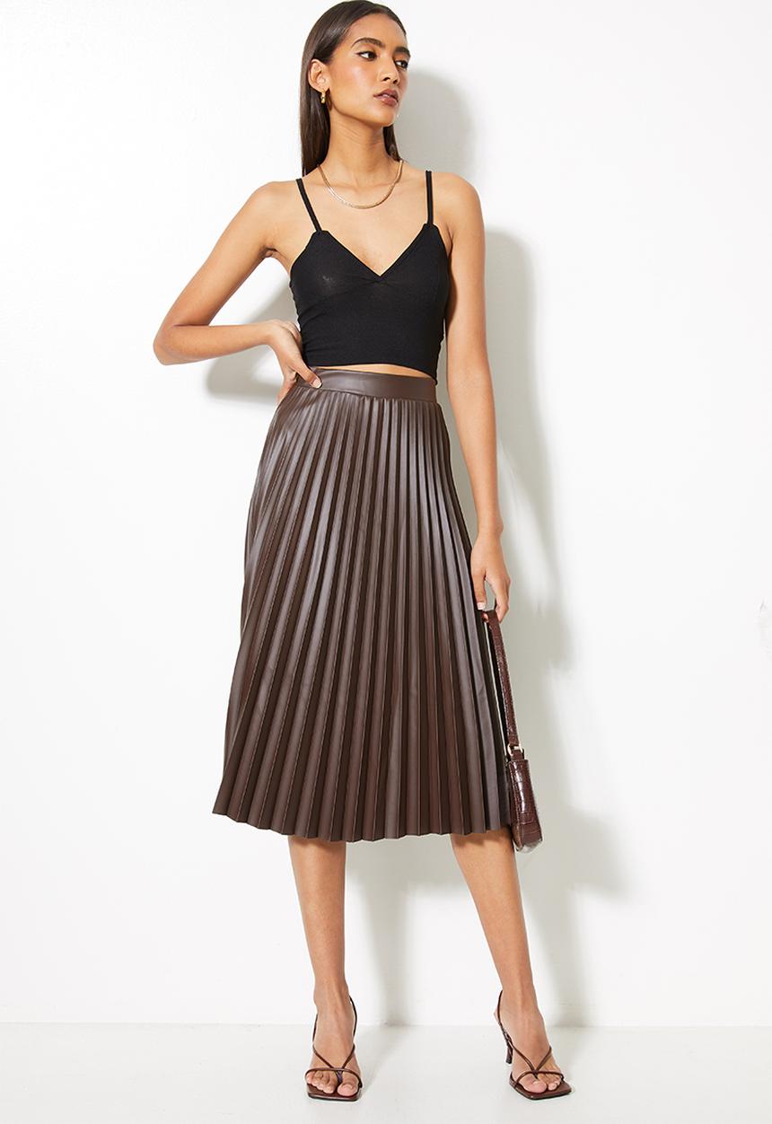 VELVET - Pu pleated a-line midi skirt - brown 
