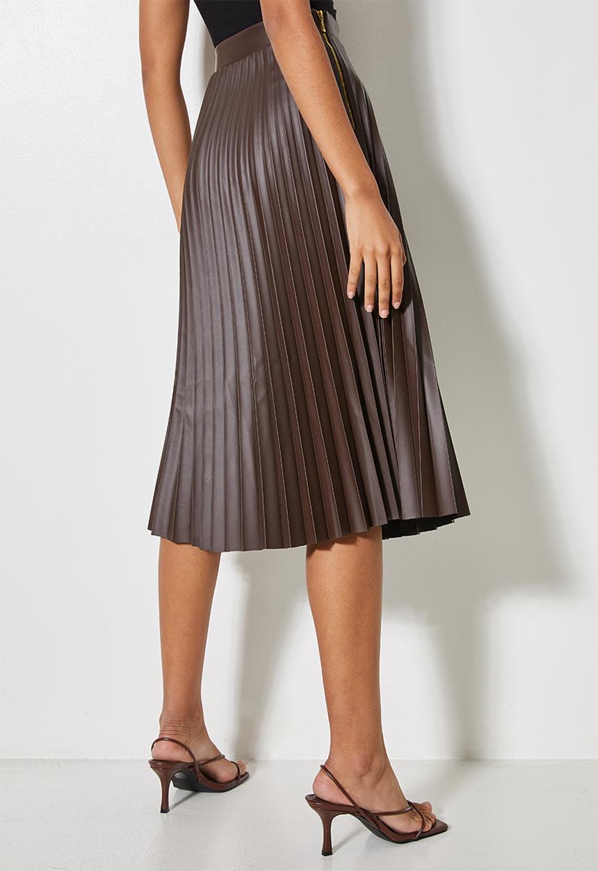 VELVET - Pu pleated a-line midi skirt - brown 