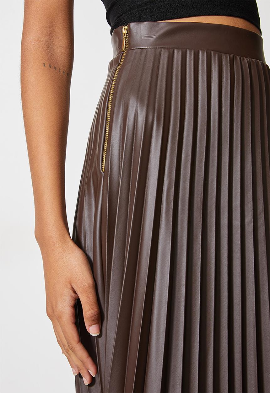 VELVET - Pu pleated a-line midi skirt - brown 