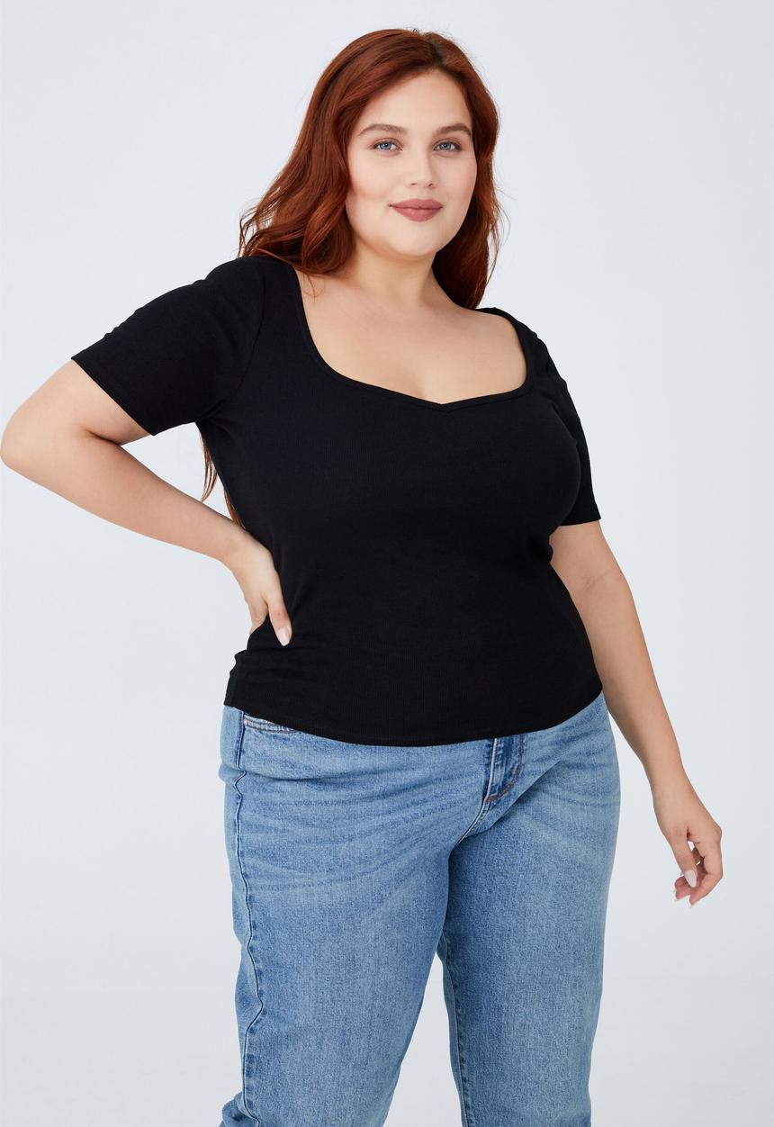 Cotton On - Curve sweetheart short sleeve top - black