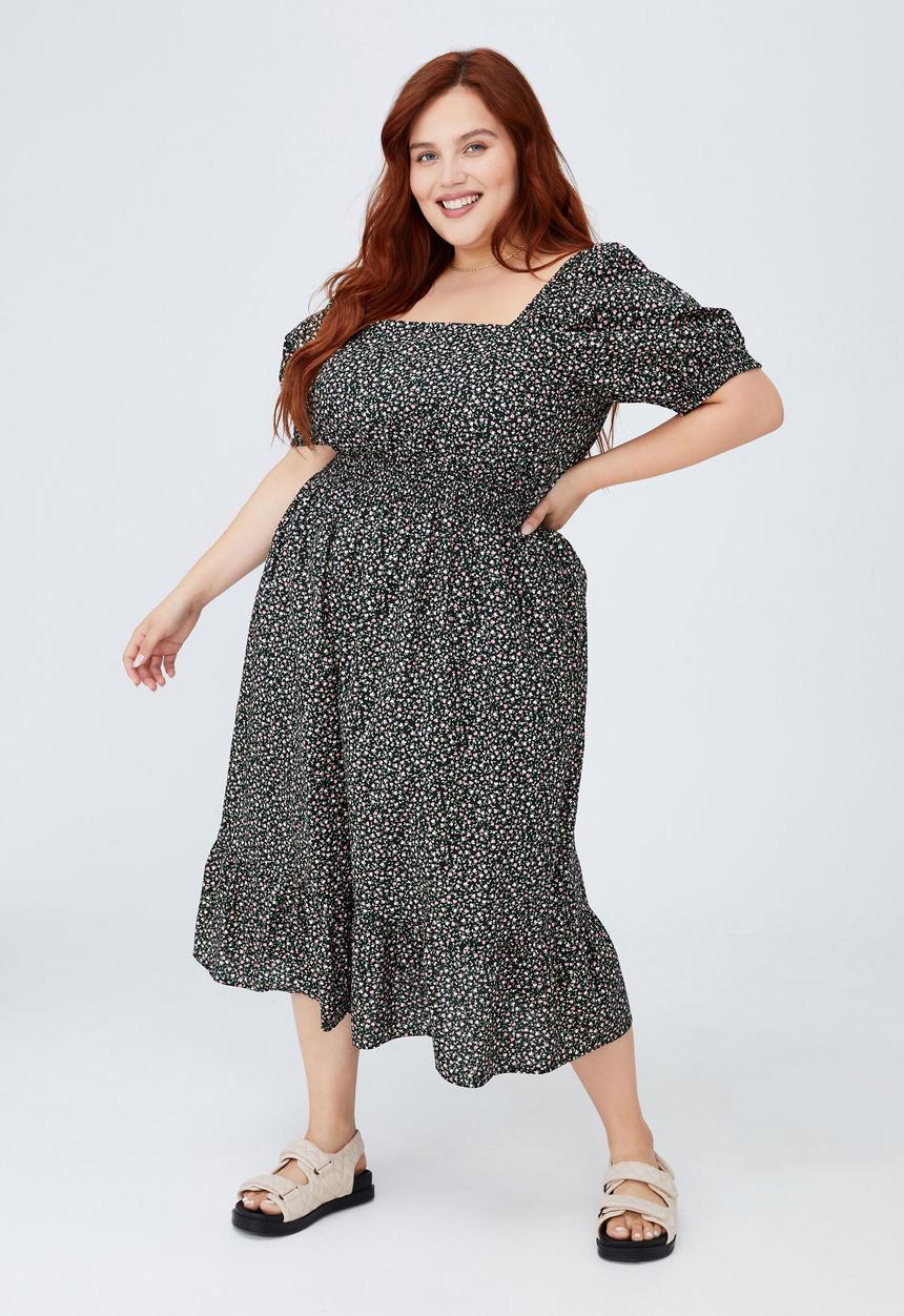 Cotton On - Curve woven square neck midi dress - tanya tulip black