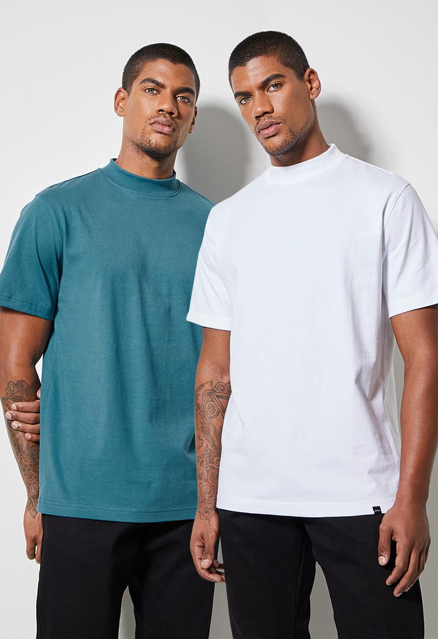 Superbalist - 2 Pack Aaron organic high neck tee - white & mid blue 