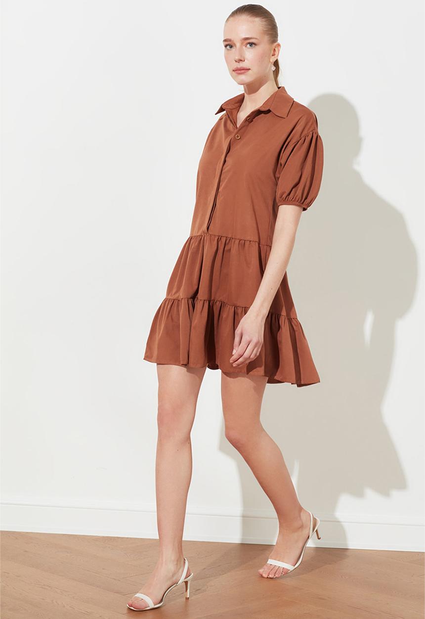 Trendyol - Flywheel shirt collar dress - brick