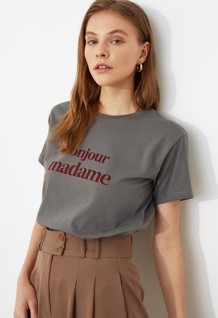Trendyol - Printed semi-fitted knitted T-shirt - grey