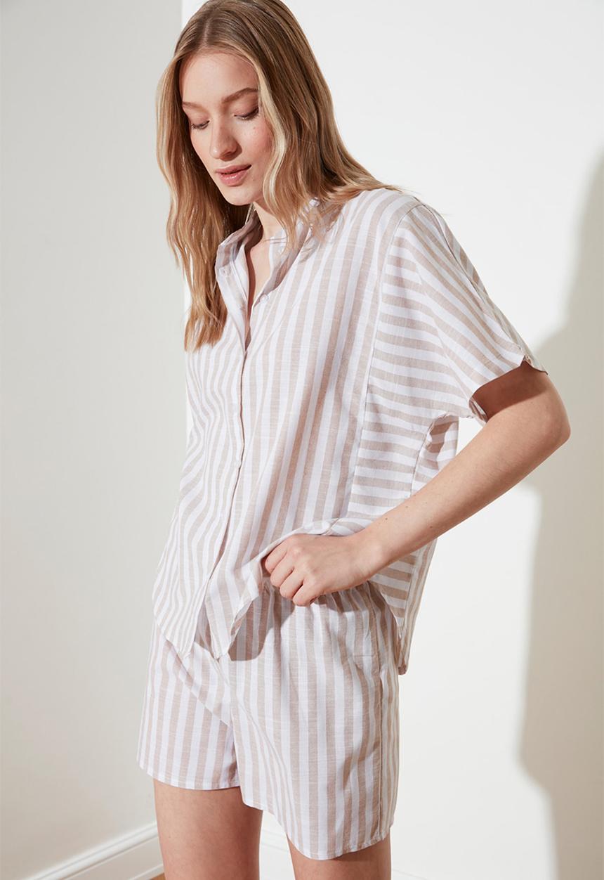 Trendyol - Striped woven pajamas set - beige