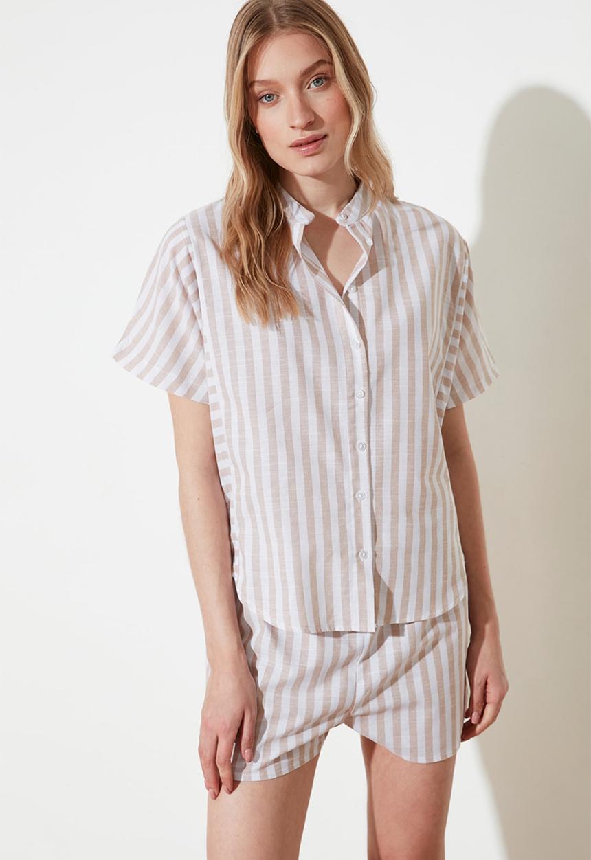 Trendyol - Striped woven pajamas set - beige