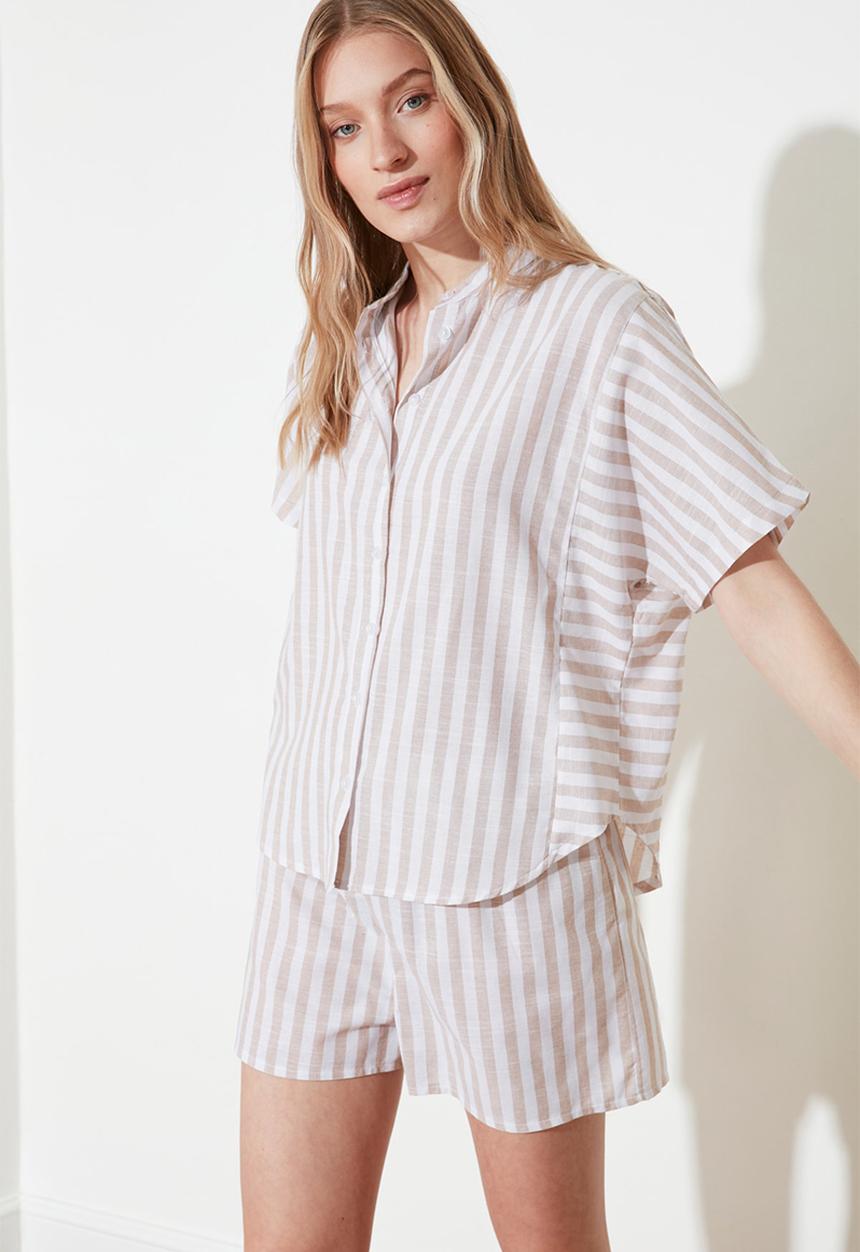 Trendyol - Striped woven pajamas set - beige