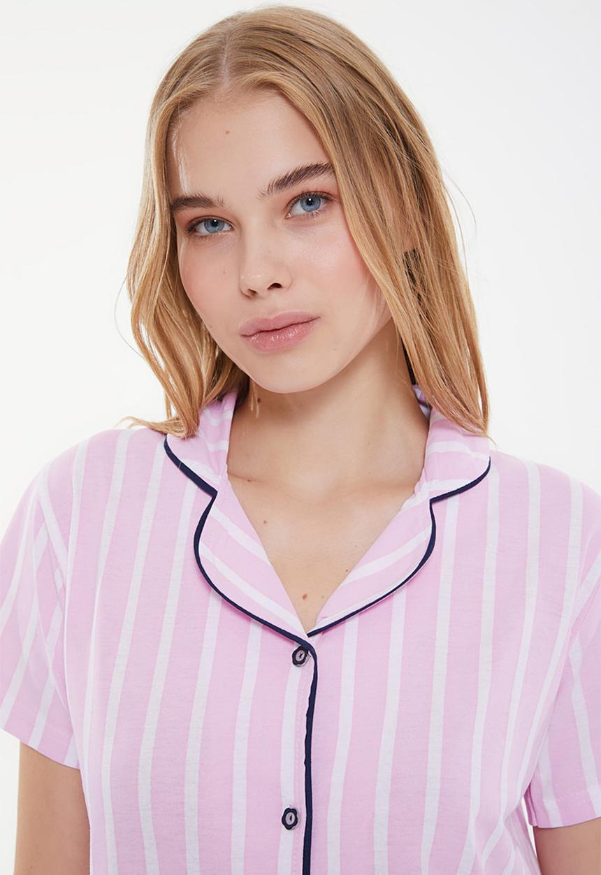 Trendyol - Printed knitted pajamas set - pink & white 