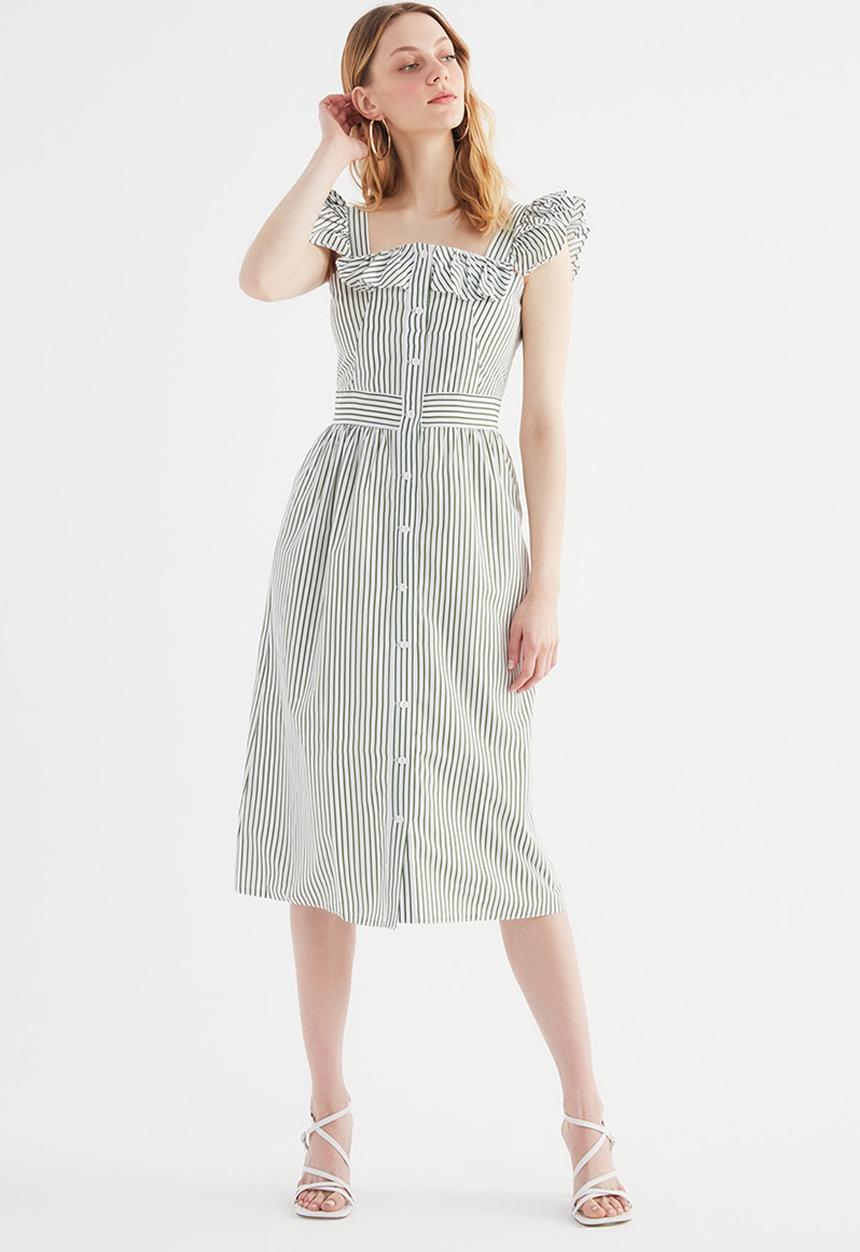 Trendyol - Striped frilly shirt dress - khaki