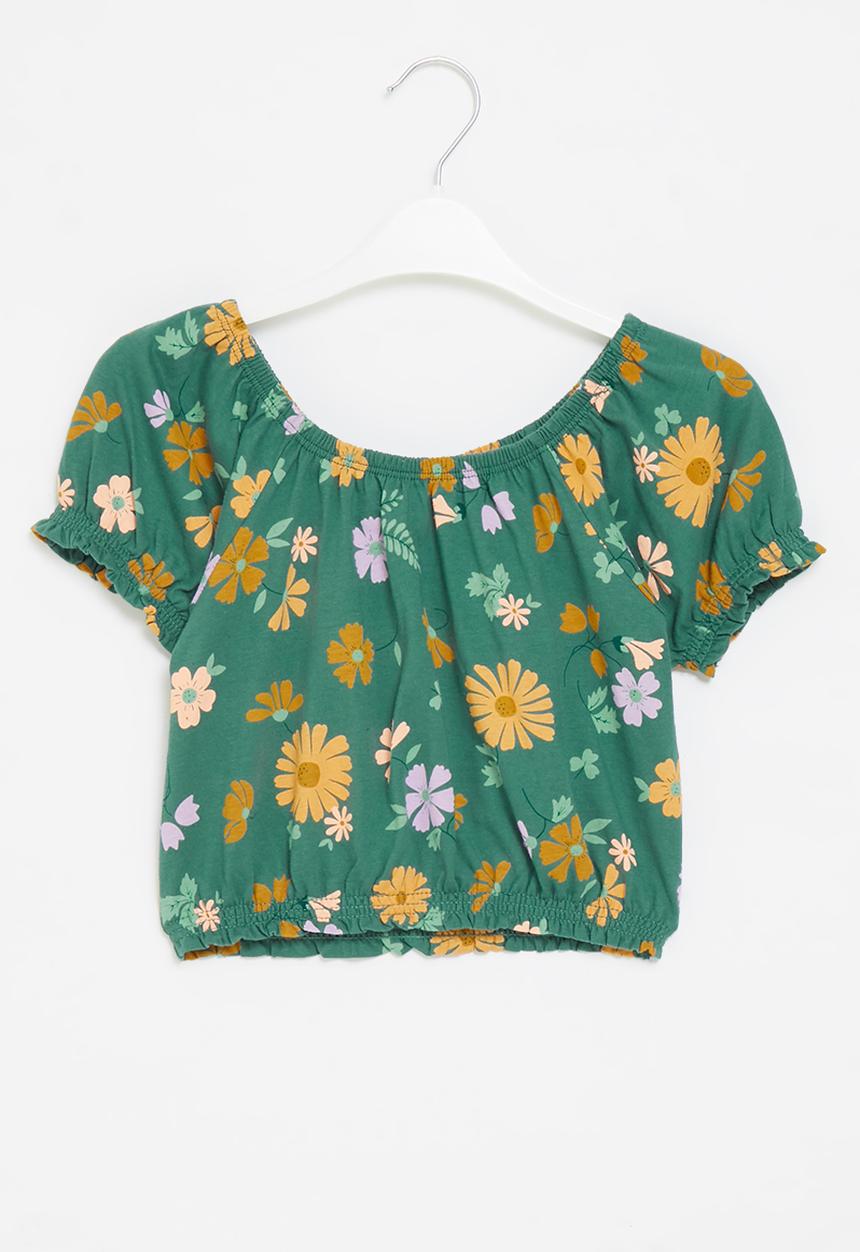 Cotton On - Daphne puff sleeve top - turtle green/topenga floral