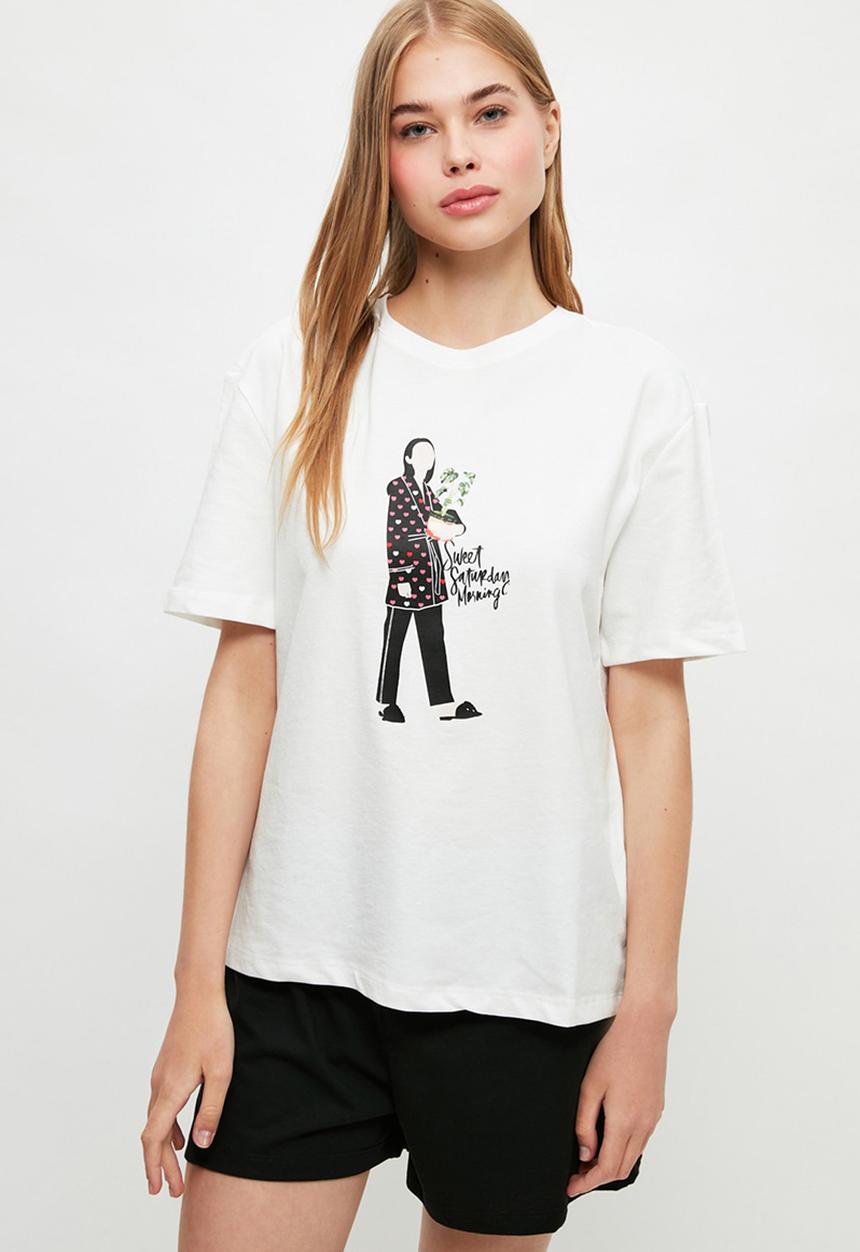 Trendyol - Printed knitted pajamas set  - black & white