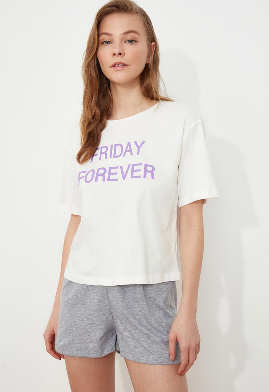 Trendyol - Slogan knitted pajamas set - white & grey 