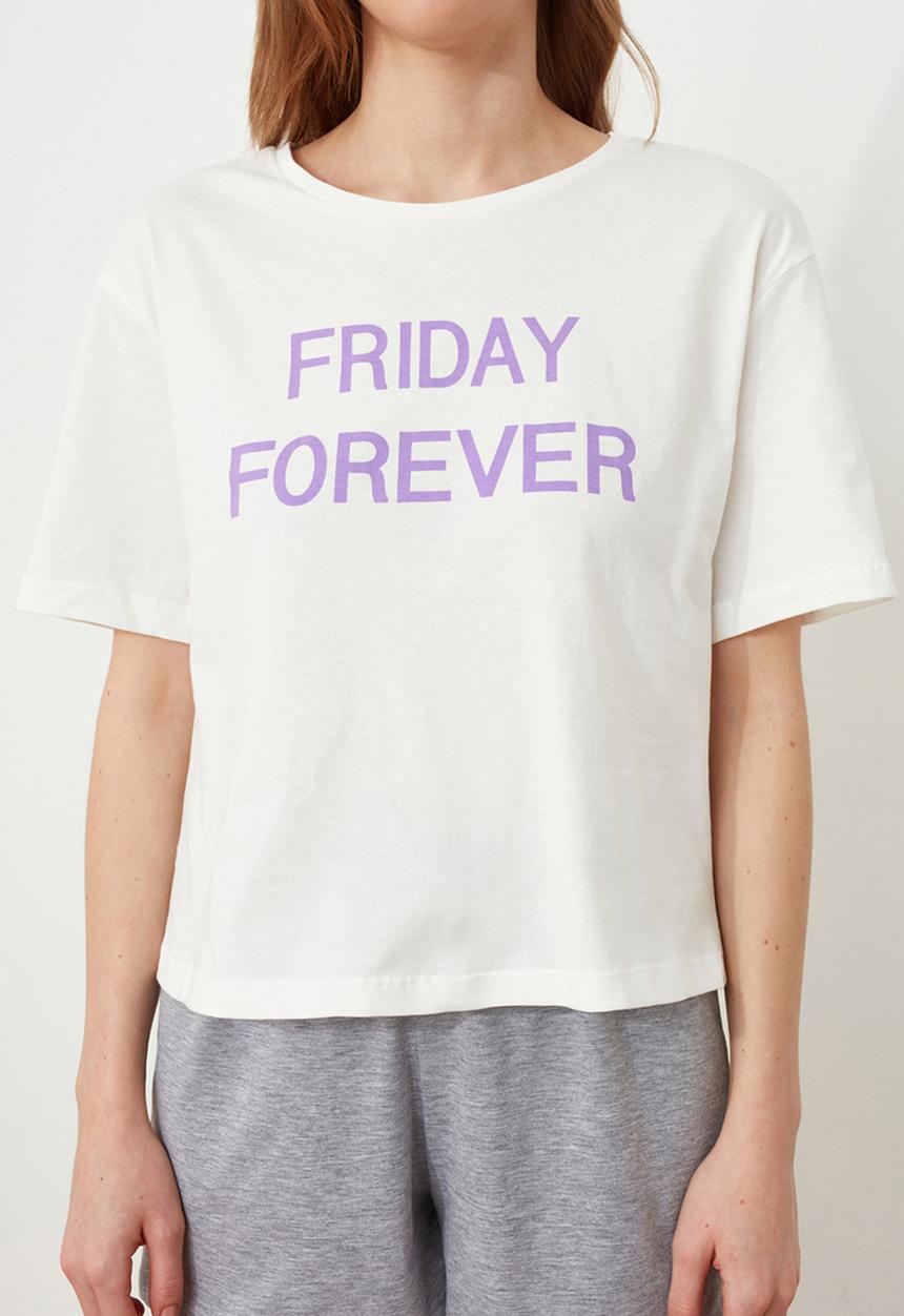 Trendyol - Slogan knitted pajamas set - white & grey 