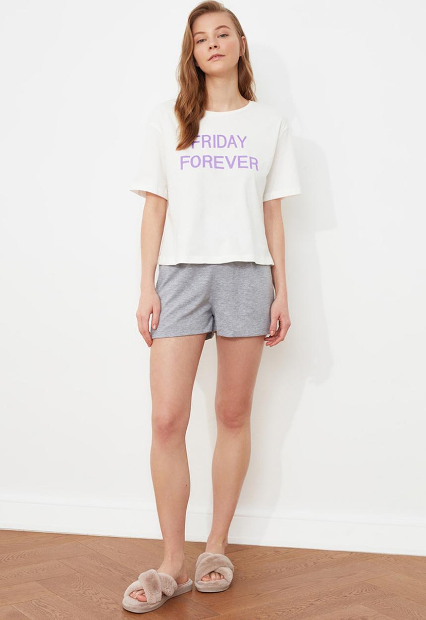Trendyol - Slogan knitted pajamas set - white & grey 