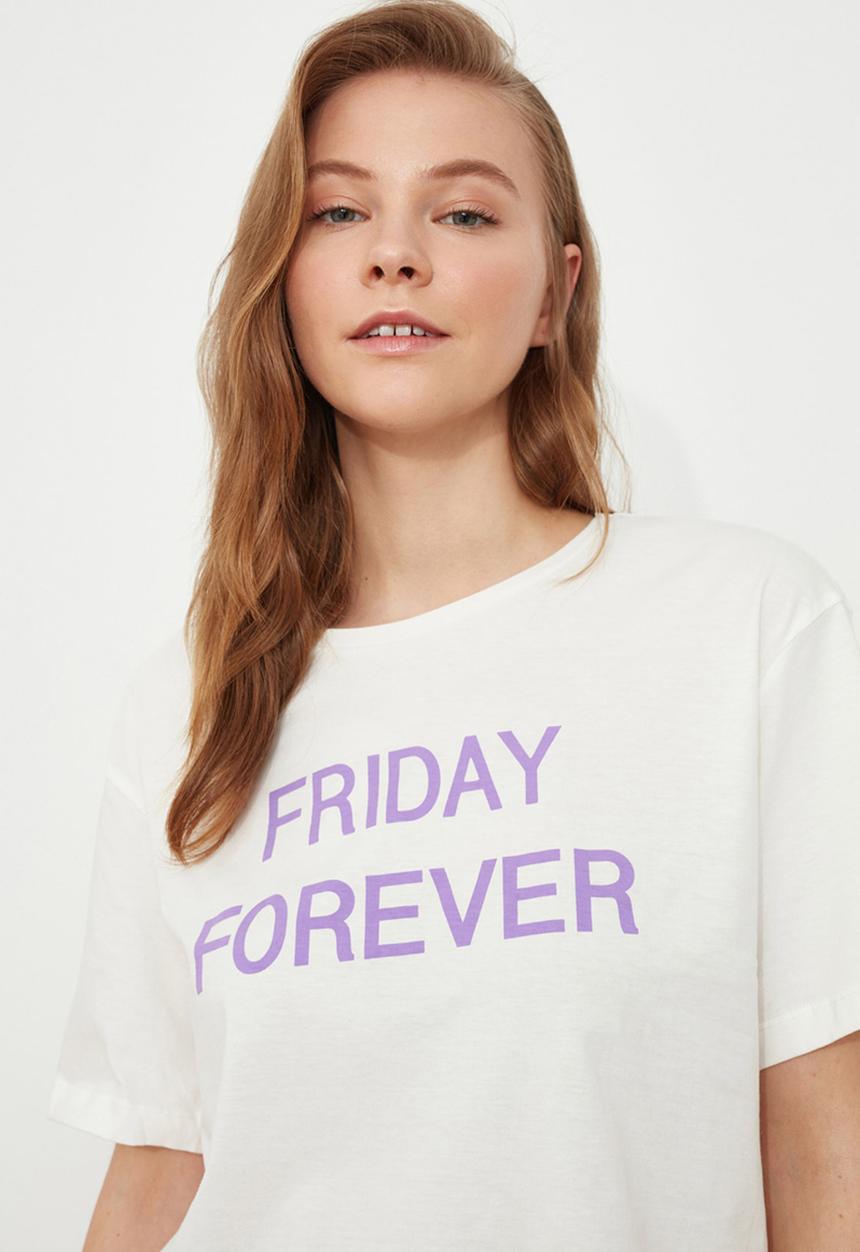 Trendyol - Slogan knitted pajamas set - white & grey 
