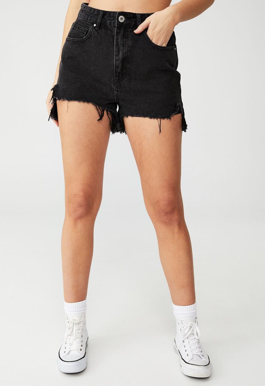 Cotton On - High ripped mom denim short - washed midnight black