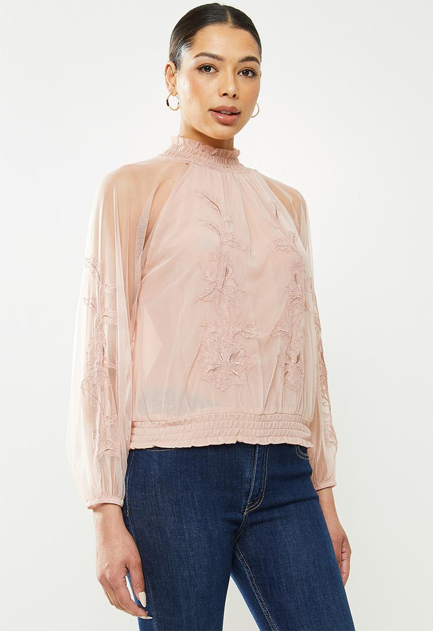 GUESS - Long sleeve luissa applique top - natural
