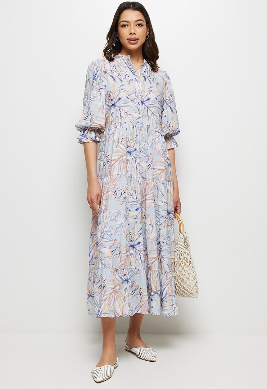 edit - Shirred puff sleeve tiered maxi - blues tropic watercolour