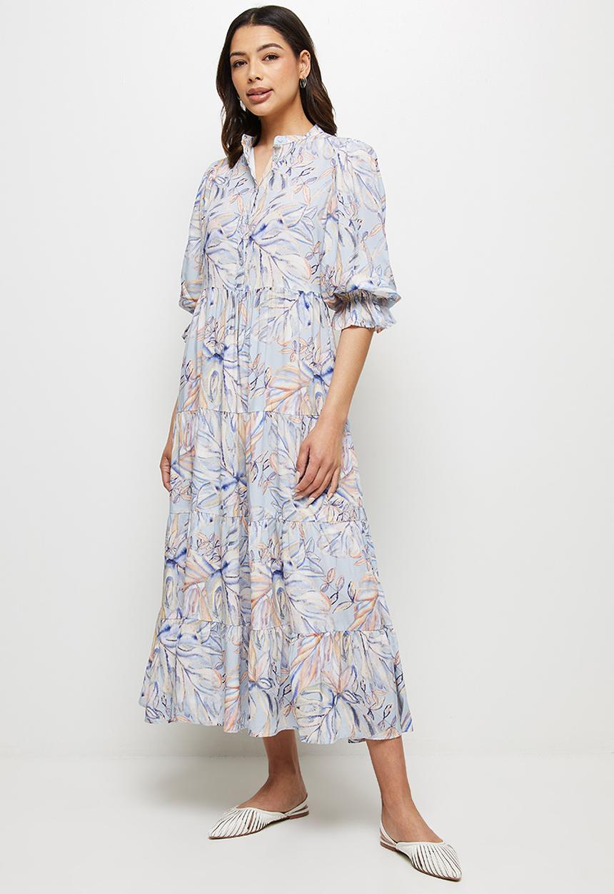 edit - Shirred puff sleeve tiered maxi - blues tropic watercolour