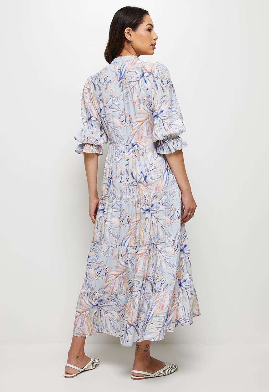 edit - Shirred puff sleeve tiered maxi - blues tropic watercolour