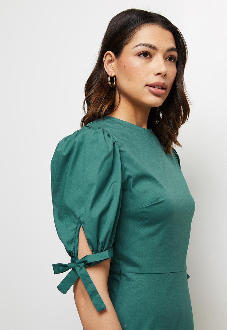edit - Poplin tie sleeve tiered midi - emerald