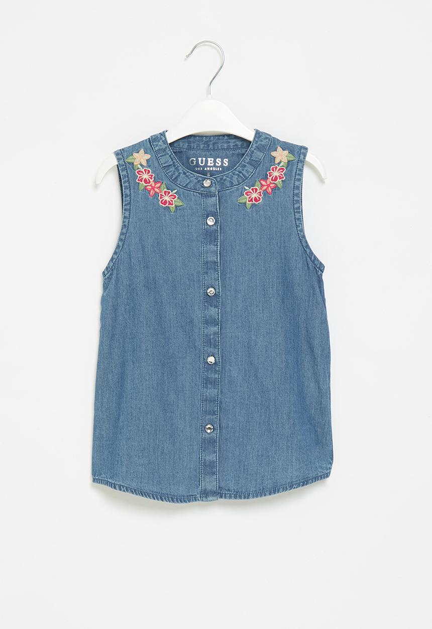 GUESS - Floral embroidery sleeveless shirt - blue