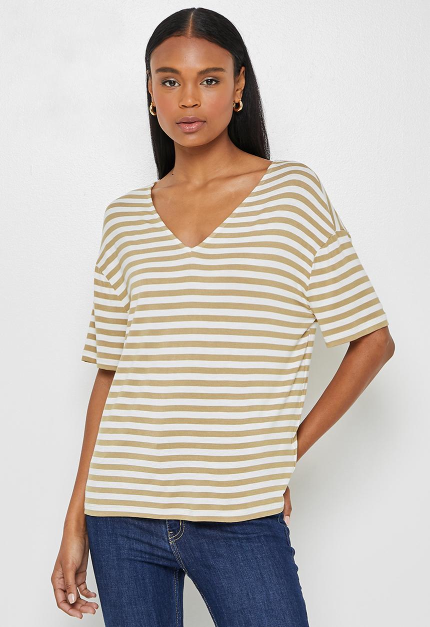 edit - Stripe loose fit vneck tee - beige milk stripe