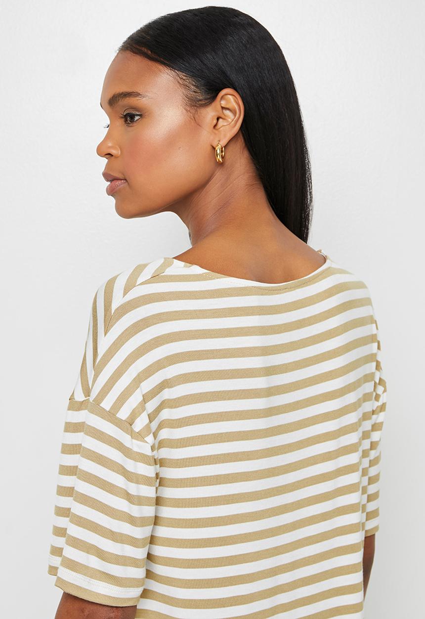 edit - Stripe loose fit vneck tee - beige milk stripe