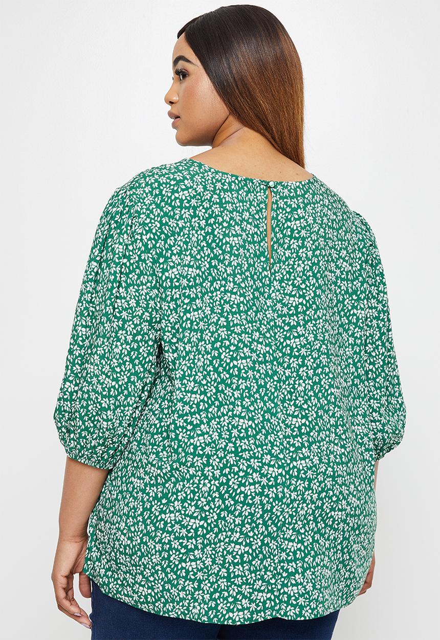 edit Plus - Mutton sleeve shell top - green & white 