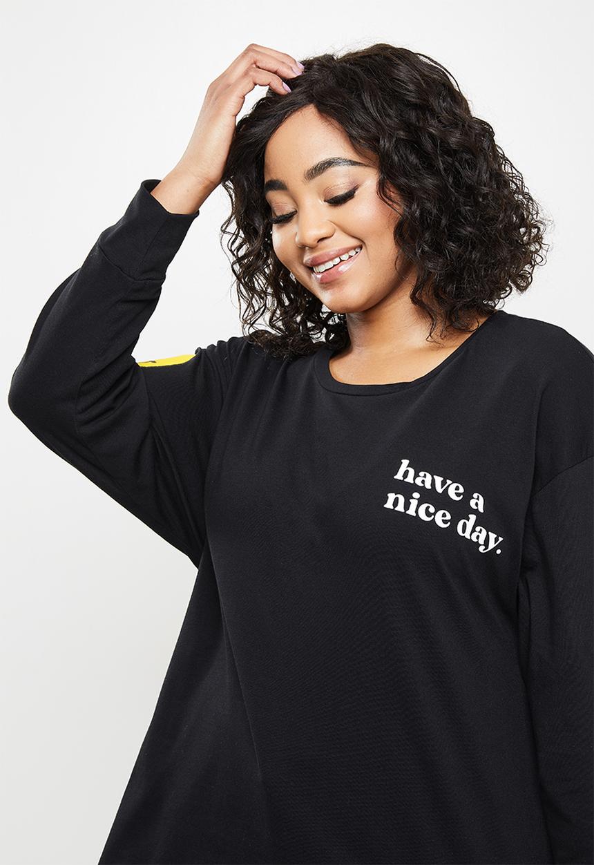 Blake - Long sleeve oversized tee w print - black