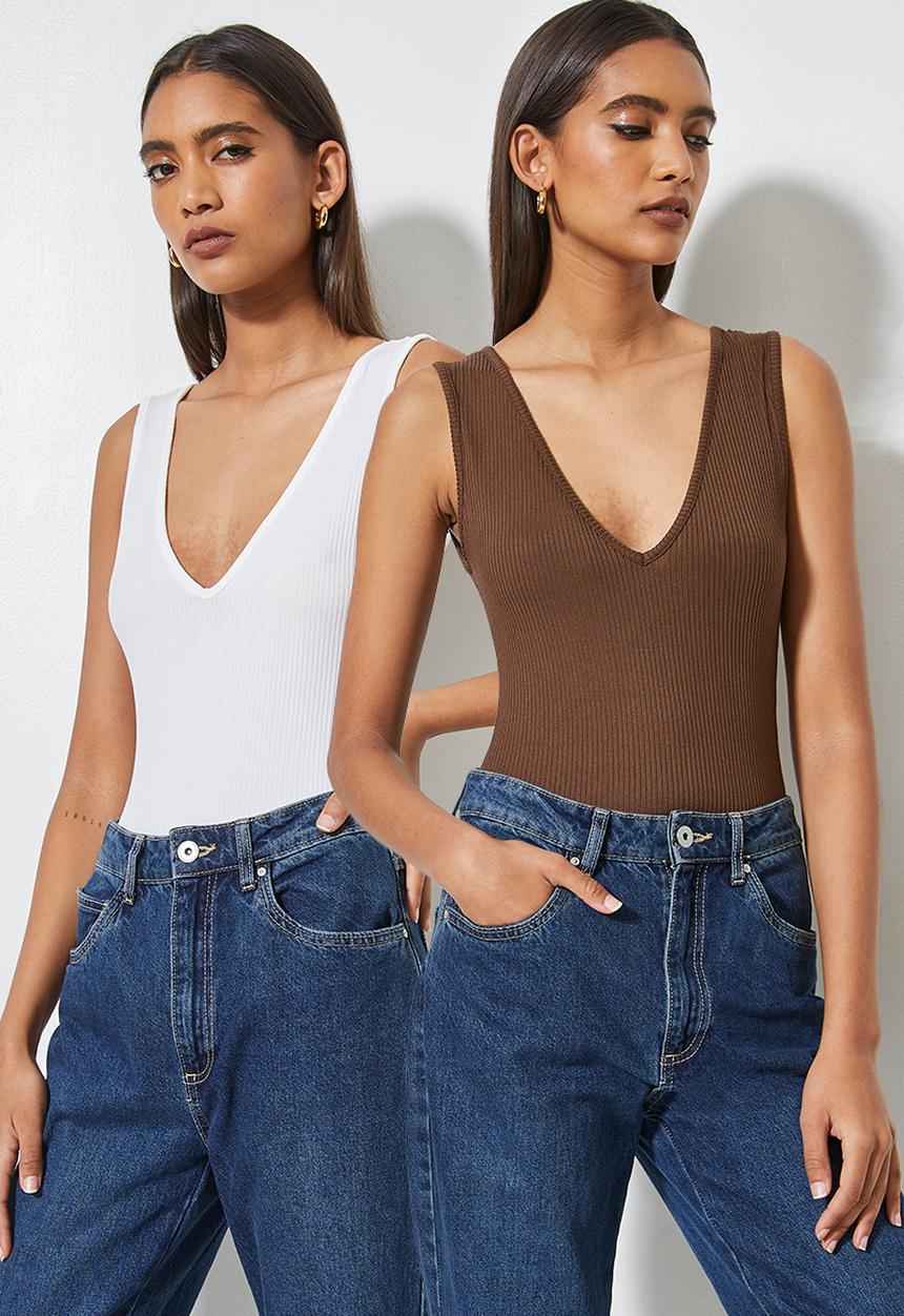 Superbalist - 2 Pack v-neck bodysuit - brown & milk