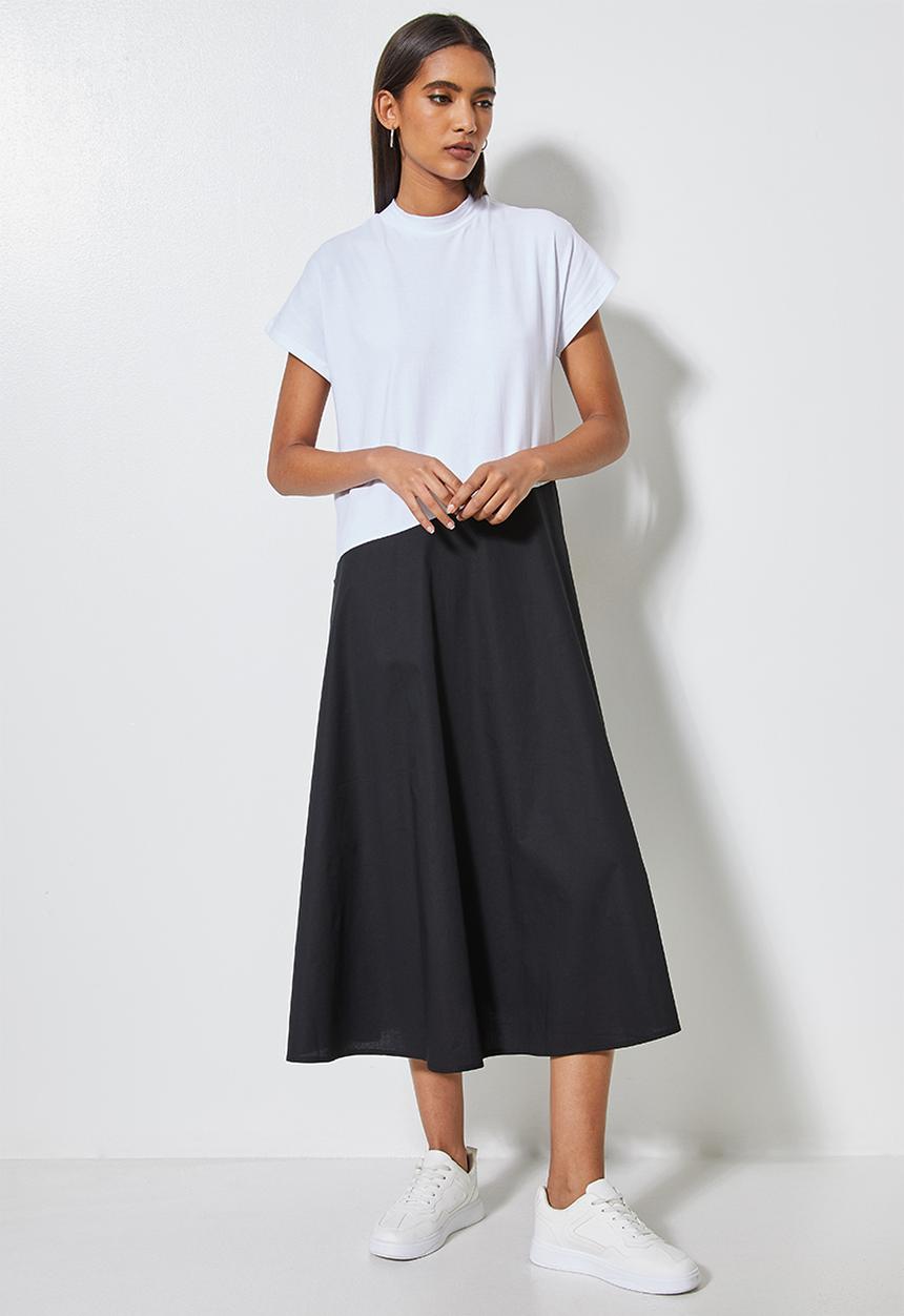 Superbalist - Grown on sleeve single jersey & poplin combo dress - white & black