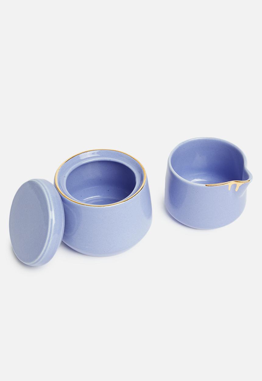 Urchin Art - Des Moines sugar pot and creamer set - sapphire & gold
