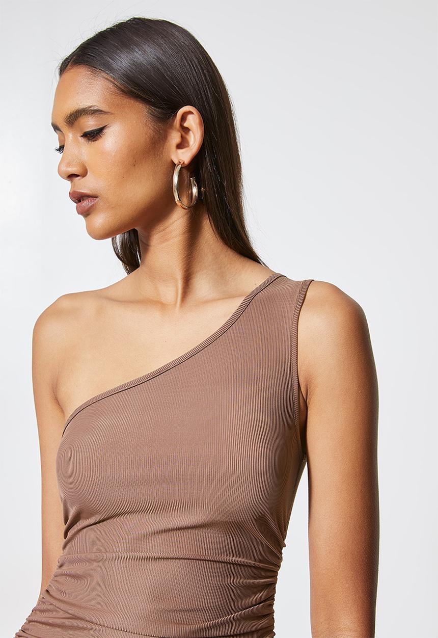 VELVET - Asym ruched pencil dress - brown