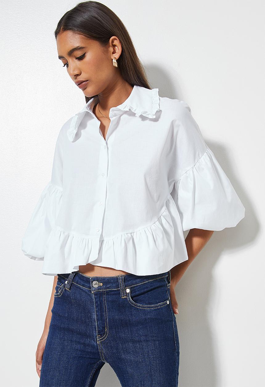 VELVET - Crop statement sleeve peter pan collar shirt - white